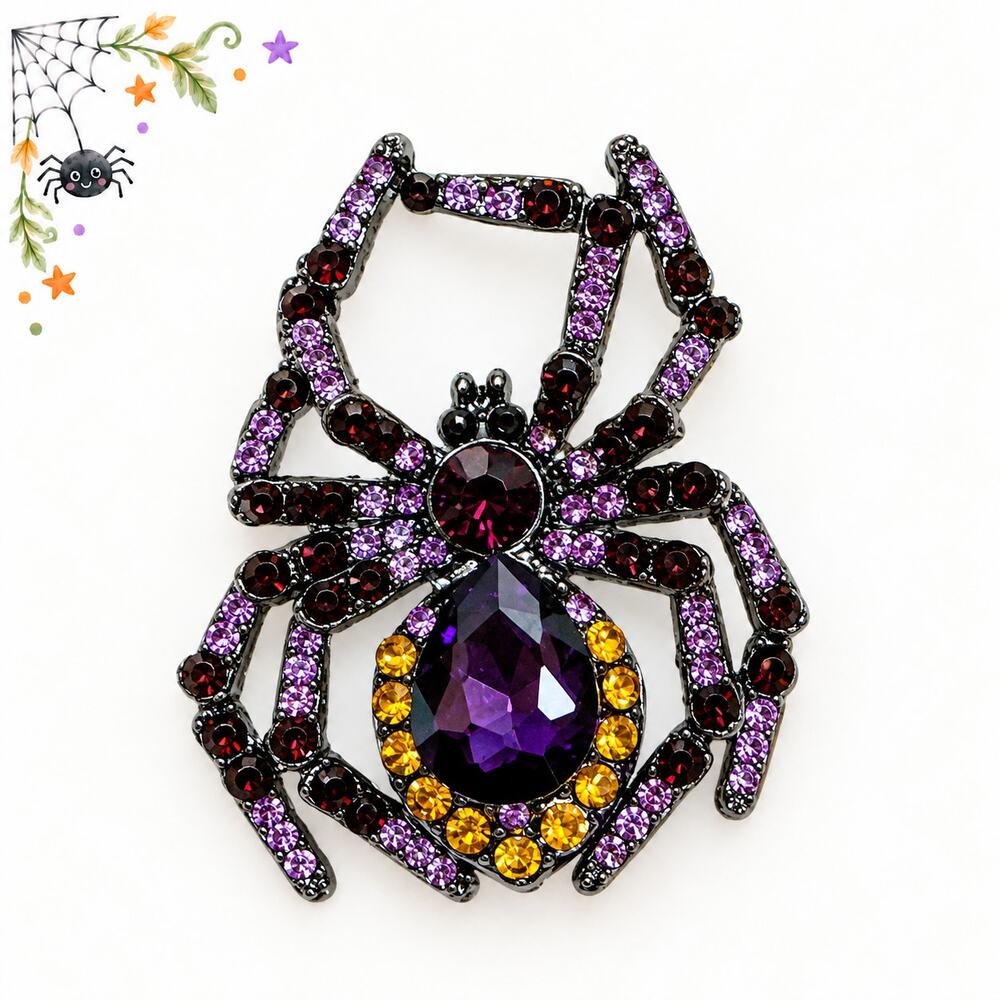 Halloween Spider Brooch Pin Purple Orange Red Rhinestone Black Tone CP193